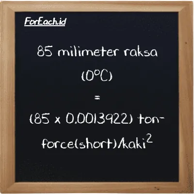 How to convert millimeter mercury (0<sup>o</sup>C) to ton-force(short)/foot<sup>2</sup>: 85 millimeter mercury (0<sup>o</sup>C) (mmHg) is equivalent to 85 times 0.0013922 ton-force(short)/foot<sup>2</sup> (tf/ft<sup>2</sup>)